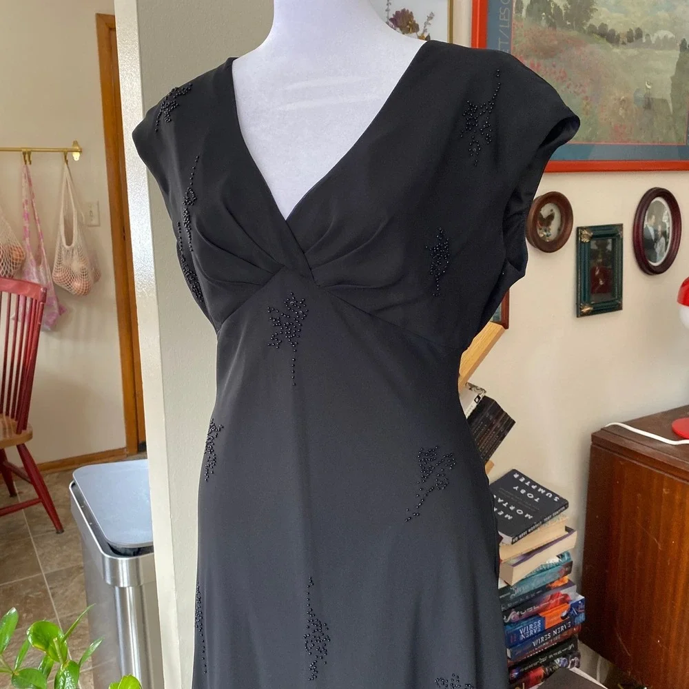 Vintage 1990s Beaded Sheer Empire Waist Black Midi Dress 10 Formal Silky Y2K - Picture 4 of 8
